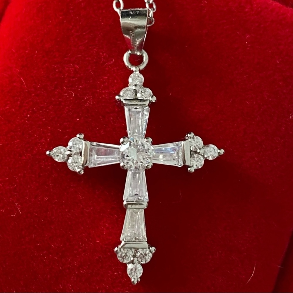 14k white gold  over 925 synthetic Diamond Cross necklace